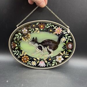 Stain Glass AMIA Studios Oval Black & White Kitty Cat Vintage Hand Painted 7"